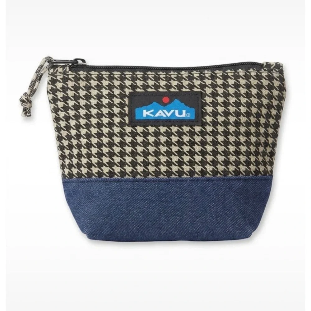 KAVU Pixie Pouch Houndstooth‎ and Denim Accessory Makeup Bag Black Tan Blue